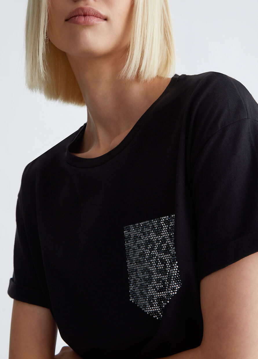 T-Shirt con Taschino e Strass / Nero - Ideal Moda