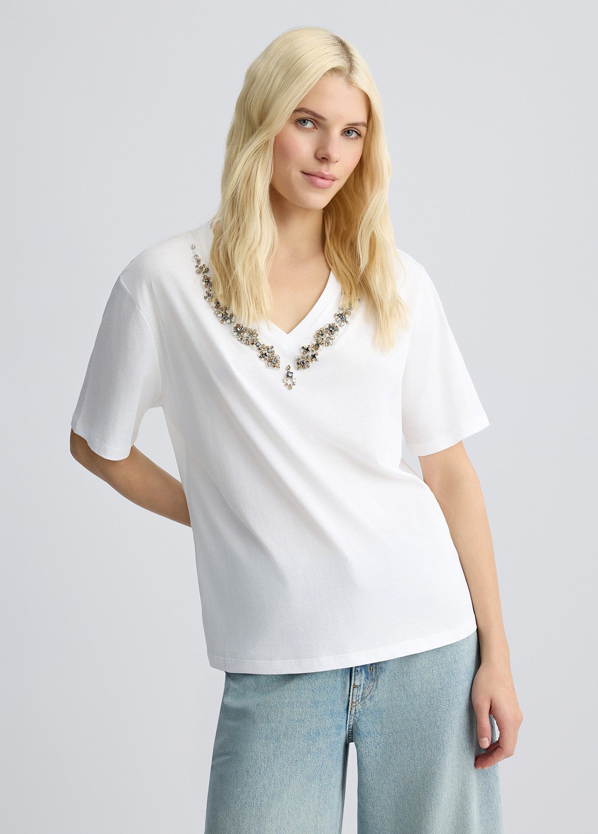 T-Shirt in Cotone con Strass / Bianco