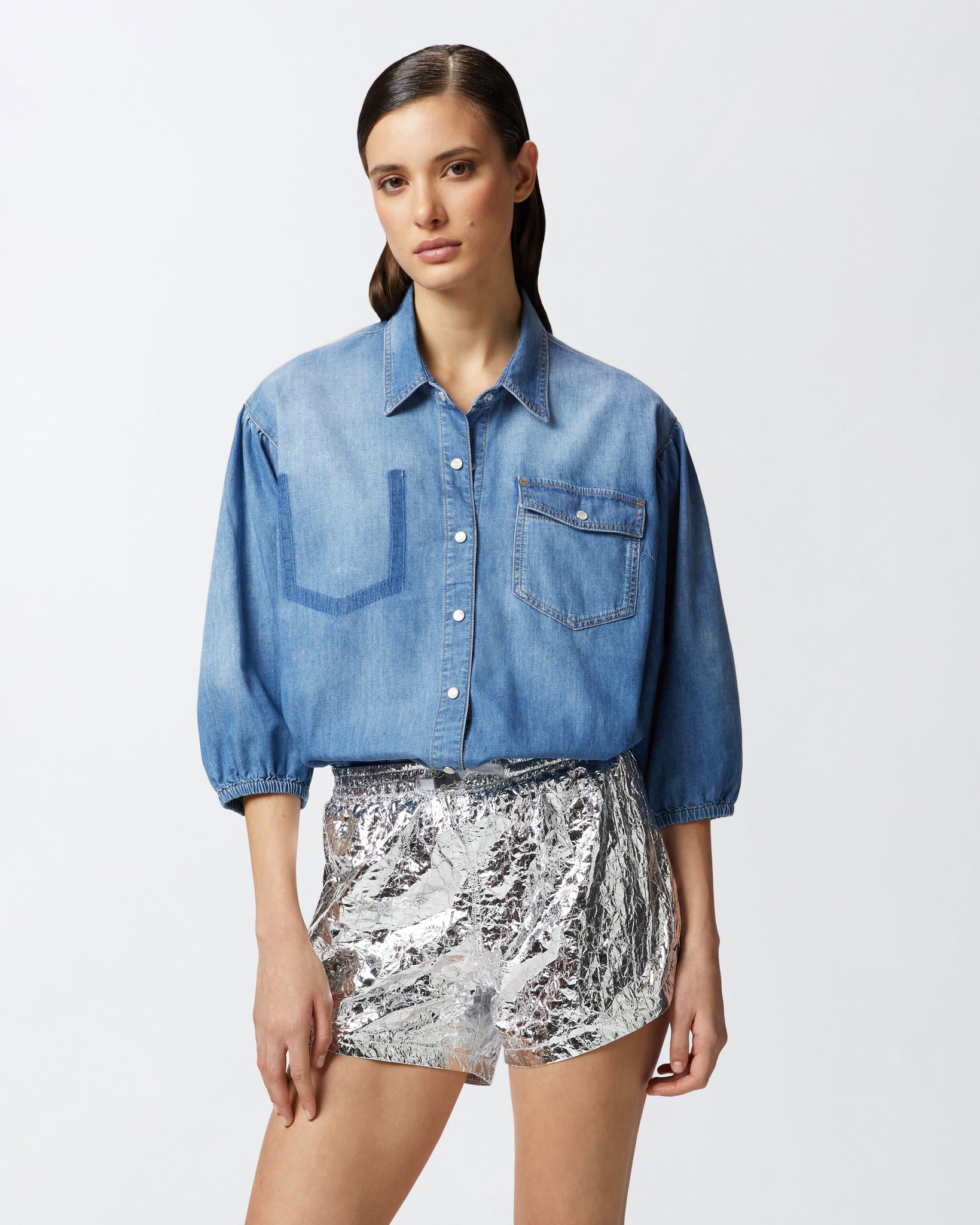 Camicia in Denim con Maniche a Tre Quarti / Jeans