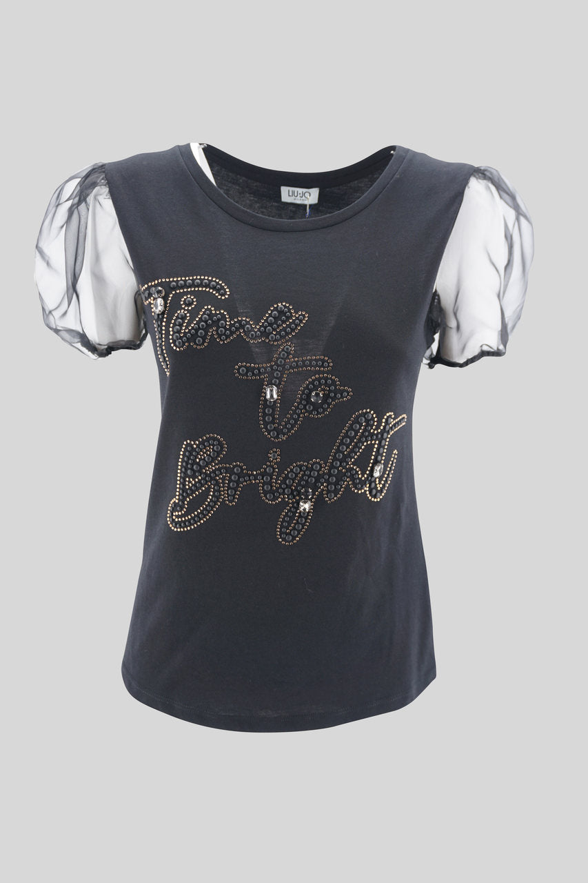 T-Shirt con Maniche Corte a Palloncino / Nero - Ideal Moda